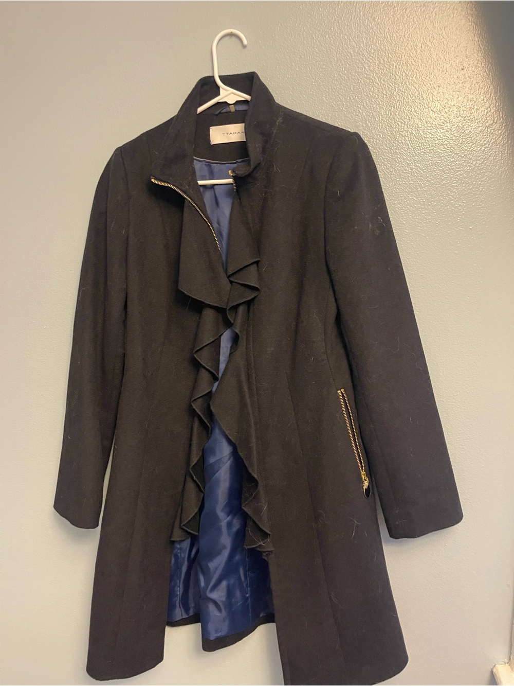 T Tahari Black Ruffle-Front Trench Coat